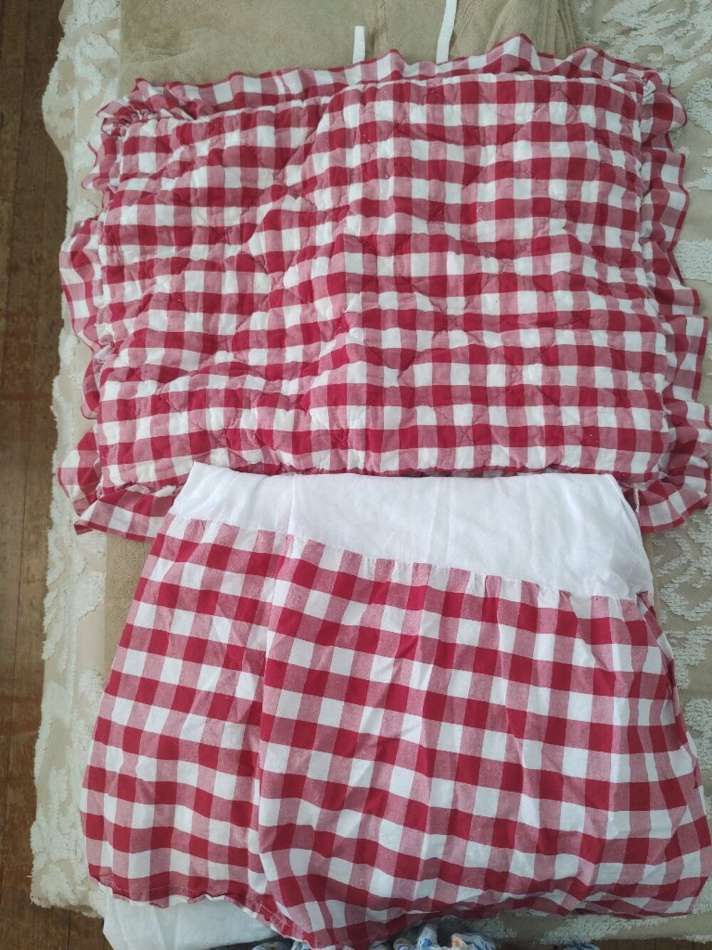 April &Olive VHC Brand gingham red &white bed skirt with pillow sham